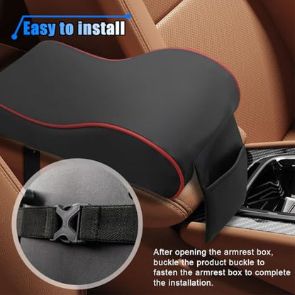 BDZMC Car Armrest Cushion, Memory Foam Car Center Console Pillow Cushion with Phone Holder Storage Bag, Leather Arm Rest Pillow Cover, Universal Car Armrest Pad Accessories (Black/Red) - color: Black/Red