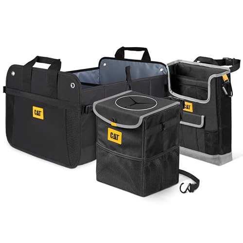 CAT® 3-Piece Car Organizer Bundle – Collapsible Trunk Organizer, Portable Seat Caddy with Adjustable Straps & 2.4 Gallon Leak-Proof Trash Can Cooler for Cars, Trucks, and SUVs Black - color: Black Oranizer Full Bundle