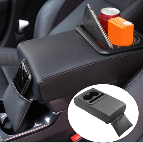 PU Leather Armrest Cushion with Cup Holder, Car Center Console Pad with Front Storage Pocket, Elbow Rest Pillow, Universal Car Armrest Seat Box Cover Protector - Black - color: Black