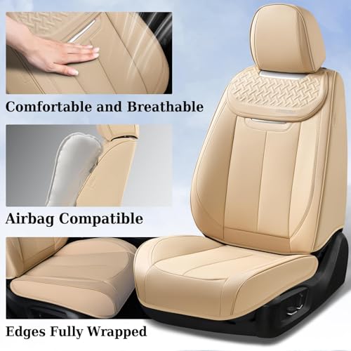 Coverado Seat Covers, Car Seat Covers Front Seats, Beige Nappa Leather Car Seat Covers, 2 Pack Waterproof Front Seat Covers, Breathable Leather Seat Cushion Universal Fit Most Cars Trucks - color: Beige, size: Front