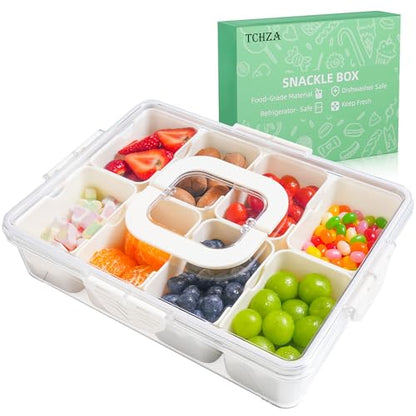 TCHZA Snackle Box Container, Dishwasher Safety - Divided Serving Tray with Lid and Handle, Charcuterie Board for Portable Snack Platters - Clear Organizer for Fruits Snacks,Perfect for Road Travel