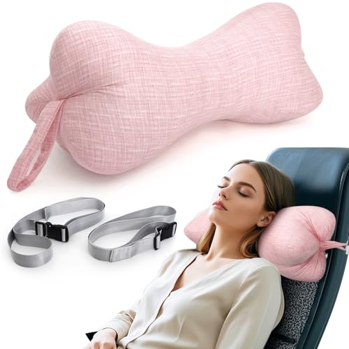 Neck & Cervical Pillows, Dog Bone Shaped Neck Pillow with Fixed Rope & Have Loops on End, for Chiropractic Lumbar Spine, for Car Bus Truck Driving Travel Comfort Head Rest Support,Pink - color: Pink