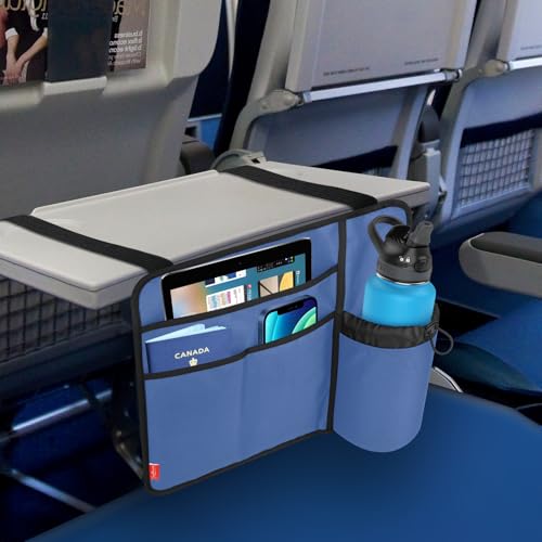 Airplane Seat Back Organizer & Storage, Airplane Tray Table Cover for Personal Items, Airline Seat Hanging Pockets Media Pouch,Reusable Travel Essentials,Fits Tablets,Cell Phone,Water Bottle (Blue) - color: Blue