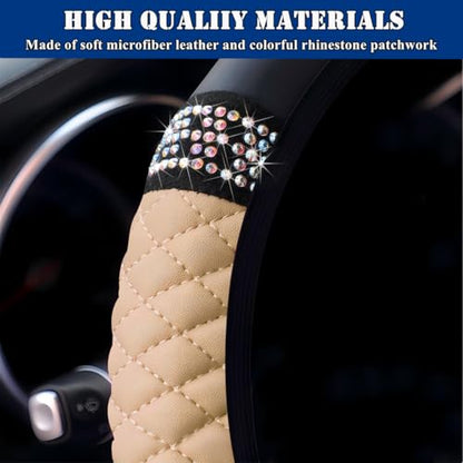 Soft Leather Car Steering Wheel Cover, Universal 15 Inch Colorful Rhinestones Anti-Slip Elastic Steering Wheel Covers for Most Cars, Sparkly Crystal Diamond for Women Girls (Beige) - color: Beige