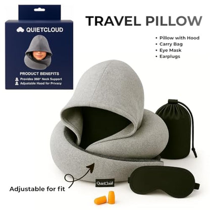 Travel Neck Pillow Hooded Memory Foam 360° Head & Chin Support, Lightweight Breathable Adjustable Fit Travel Neck Pillow with Eye Mask, Earplugs & Carry Bag for Airplanes, Car, Bus, Train & Long Trips