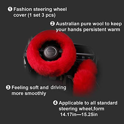 Yontree Fashion Fluffy Steering Wheel Covers for Women/Girls/Ladies Australia Pure Wool 15 Inch 1 Set 3 Pcs (Red) - color: Red, size: Long Wool