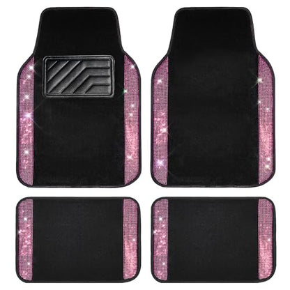 CAR PASS Bling Diamond Car Floor Mat Shining Rhinestones Carpet, Sparkly Glitter Crystal Anti-Slip PVC Heel Pad Automotive Universal Fit for SUV Sedan Car Van, 4pcs for Girl Cute Women, Black Pink - color: Pink Diamond