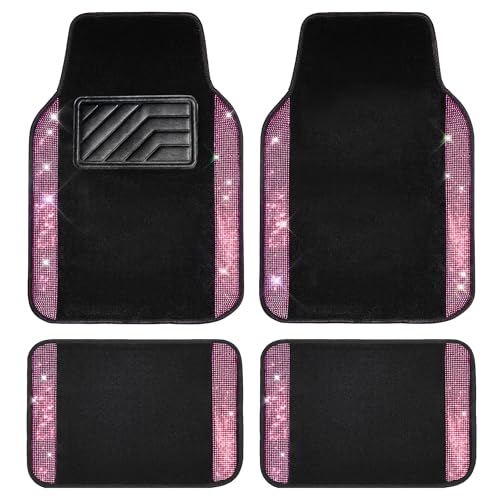 CAR PASS Bling Diamond Car Floor Mat Shining Rhinestones Carpet, Sparkly Glitter Crystal Anti-Slip PVC Heel Pad Automotive Universal Fit for SUV Sedan Car Van, 4pcs for Girl Cute Women, Black Pink - color: Pink Diamond