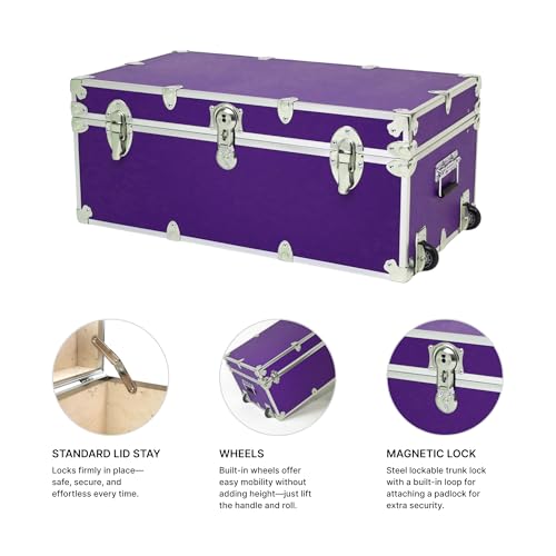 Rhino Trunk & Case Large Essential Trunk With Wheels 32”x18”x14”, 1000+ lbs Capacity - Many Colors. Strong, USA Made Summer Camp Footlocker, and Secure College Dorm Storage Chest - color: Purple