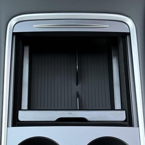 JVMA Center Console Organizer for Tesla Model Y 2024 2023 2022 2021 and Model 3 2021-2023 Accessories with Backlight Transparent Smooth Slide 3 Carbon Edition Upgrade - size: Model y '21-'24 & Model 3 '21-'23