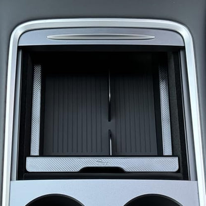 JVMA Center Console Organizer for Tesla Model Y 2024 2023 2022 2021 and Model 3 2021-2023 Accessories with Backlight Transparent Smooth Slide 3 Carbon Edition Upgrade - size: Model y '21-'24 & Model 3 '21-'23