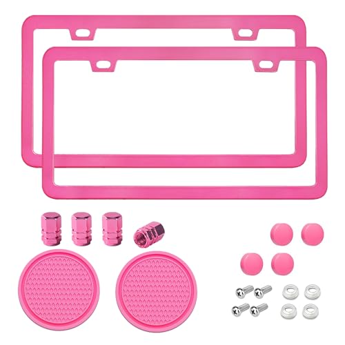 Pink License Plate Frame 2 Packs Aluminum Metal License Plate Holder for Car Universal Fit for Women - color: Pink