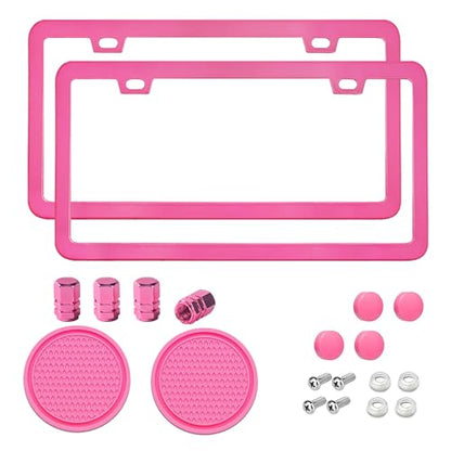 Pink License Plate Frame 2 Packs Aluminum Metal License Plate Holder for Car Universal Fit for Women - color: Pink