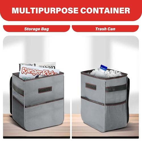Simple Deluxe 2 Gallon Car Trash Can, Collapsible Adjustable Straps and Portable Organizer, Multipurpose Bin with Lid and Storage Pockets, Grey