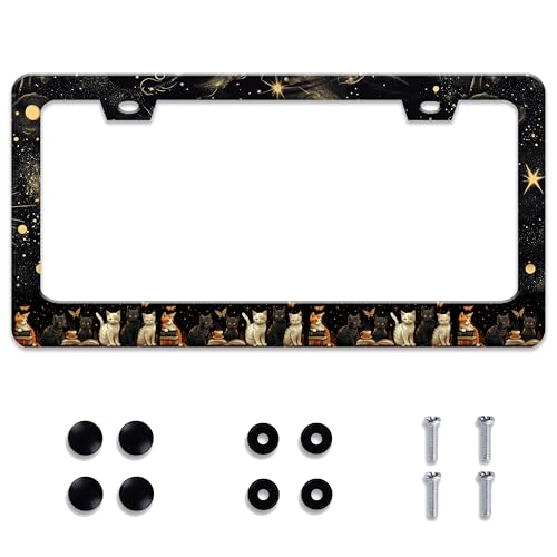 Personalized License Plate Frame Cat Stainless Steel Accessory Starry Sky Night License Plate Holder Funny Car Decorative 2 Holes Screws Fits Us Standard License Plates 12.2 X 6.3 in for Men Women - color: Cat