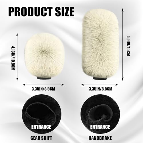 2PCS Plush Car Gear Shift Knob Cover & Handbrake Cover, Shift Knob Protector, Soft Fluffy Gear Handbrake Protective Sleeves, Shifter Lever Brake Handle Warm Plush Set for Cars (Beige) - color: Beige
