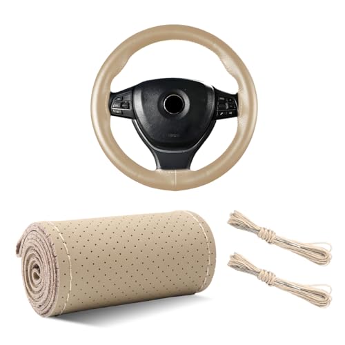Yourkar Leather Steering Wheel Cover, 15"×15" Breathable Steering Wheel Cover DIY Kit with Needle Thread, Non-Slip Leather Stitch on Wrap Steering Wheel Protector, Car Accessories (Beige) - color: Beige, size: Perforated Design