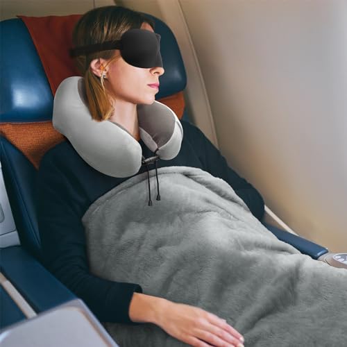 urnexttour Travel Pillow and Blanket Set Neck Pillows Travel Essentials with Sleep Mask for Airplane Car Memory Foam Grey - color: A-grey