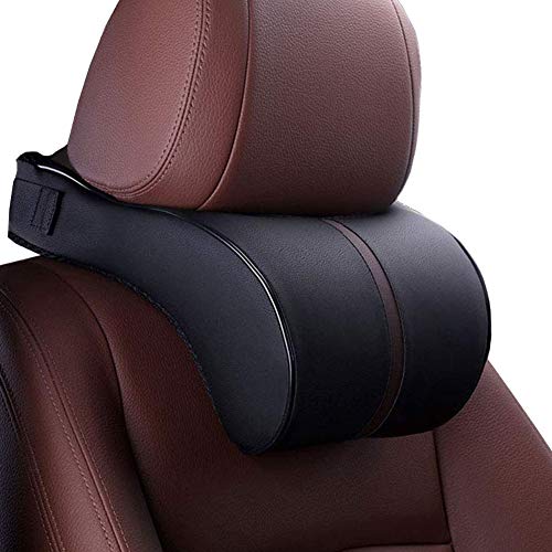 Car Seat Neck Support Pillow,PU Soft Leather + Memory Foam,Head Support Pillow Cushion Pad for Driving Headrest Relax,with Adjustable Strap - color: Black
