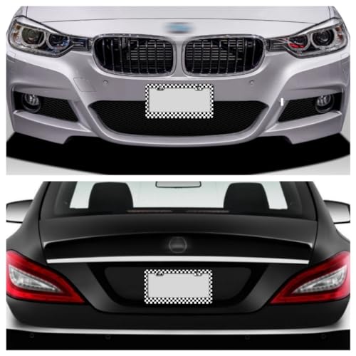 2pcs License Plate Frame Black White Check Pattern Aluminum Alloy License Plate Covers Comes with Screw caps Cover Set - color: Black white check