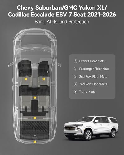 3W Floor Mats & Cargo Liner for 2021-2026 Chevy Suburban (Only 7 Seats (Not Fit 8/9 Seats) / Yukon XL (Not Fit Yukon) /Escalade ESV 7 Seat, TPE All Weather Custom Fit Full Set Car Liner,Bucket Seat - size: Chevy Suburban 2021-2025 Full Set