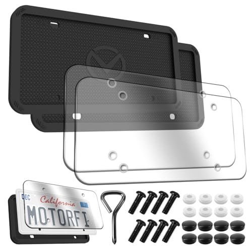 2 Pcs Silicone License Plate Frames with 2 Clear Polycarbonate Covers, Rust-Proof, Weather Resistant, Easy Installation, Premium License Plate Protector, Covers & Frames with 2 Drainage Holes