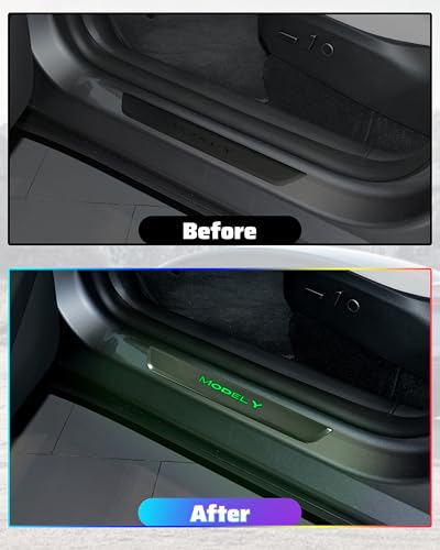 KEWISAUTO Door Sill Cover Protector with LED Light for Model Y, Pedal Pathway Lights Door Welcome Courtesy Pedal Mood Light for 2020-2024 Tesla Model Y Accessories (Carbon Fiber Style) - 4PCS