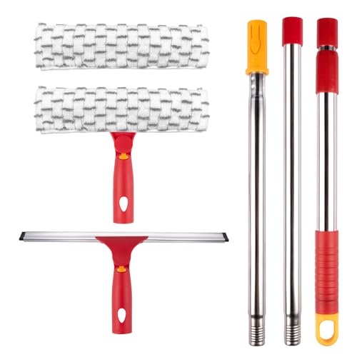 ITTAHO Squeegee for Window Cleaning, 12" Squeegee and 11" Microfiber Scrubber Combi with Stainless Steel Pole, Extendable Window Cleaner for Car, Sliding Door, Shower Glass Door-Swivel Style-2 Pads - color: Red, size: 12" Squeegee