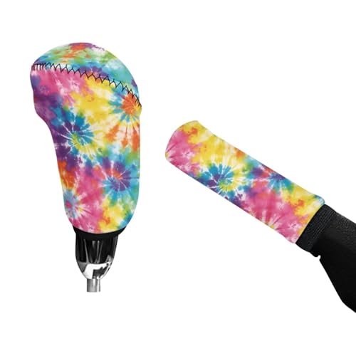 Jeiento Rainbow Tie Dye Auto Gear Shifts Knob Cover Colorful Auto Handbrake Cover for Women Men Set of 2 PCS, Non-Slip Car Interior Accessiores Universal Fit Most Vehicle,SUV - color: Rainbow Tie Dye