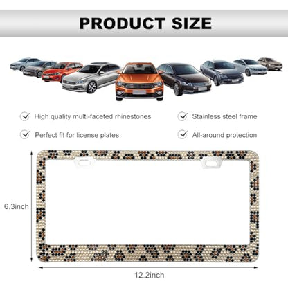 DXNQ Bling License Plate Frame, Sparkly Rhinestone Diamond License Plate Cover with Crystal Screws Caps, Glitter Crystal Stainless Steel License Plate Holder for Women, Car Accessories (Leopard) - color: Leopard