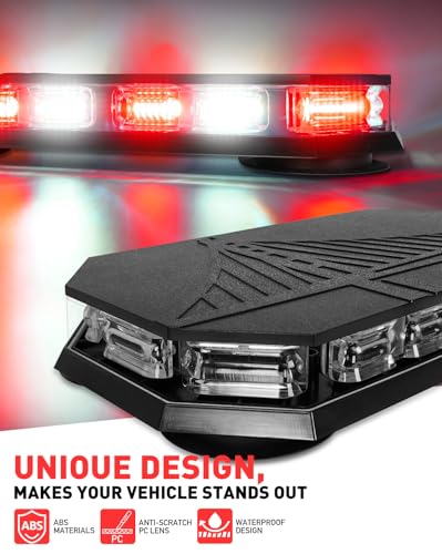 HLauto 406D Rooftop Emergency Strobe Lights Bar, 102 LED Red White Mini Beacon Safety Flashing Warning Traffic Lights Bar w/Magnetic Base for 12-24V Trucks, Construction Vehicles, Snowplow, Cars - color: Red/White