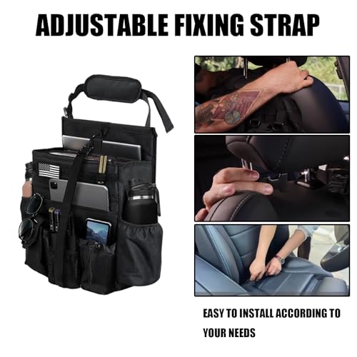 Front & Seat back organizer with dedicated tablet and 15.6 IN laptop storage stabilizers external stabilizing side straps soft adjustable shoulder straps hardened buckle (Black) - color: Black