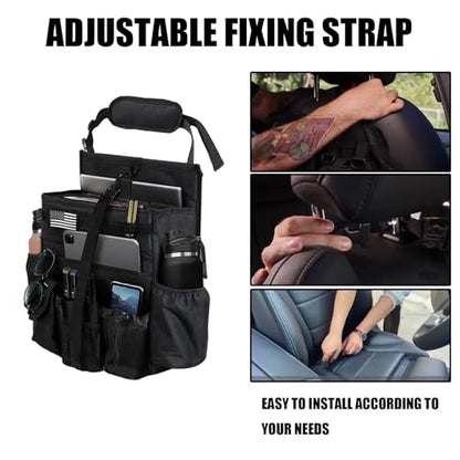 Front & Seat back organizer with dedicated tablet and 15.6 IN laptop storage stabilizers external stabilizing side straps soft adjustable shoulder straps hardened buckle (Black) - color: Black