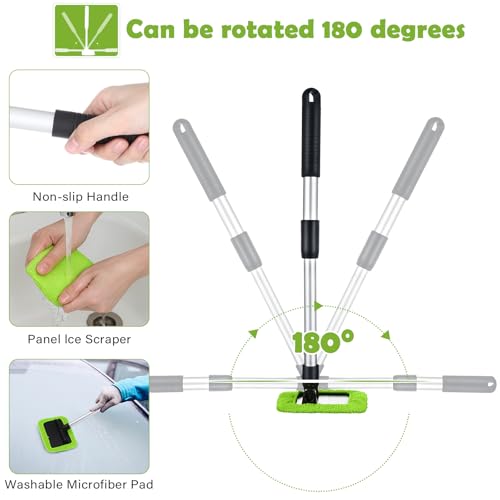 Frienda 3 Set Windshield Cleaner Tool Inside Car Window Cleaner Tool with 3 Extendable Handle 9 Reusable Microfiber Pads and 3 Spray Bottles for Auto Home Interior Exterior Glass Cleaning(Green) - color: Green