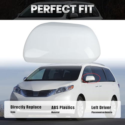 Compatible with 2012-2020 Toyota Sienna Left Side Mirror Cover Cap, White Driver Side Clip-on Mirror Cap Replacement Without Turn Signal Light Replaces for 87945-08021-A1 - color: Left White