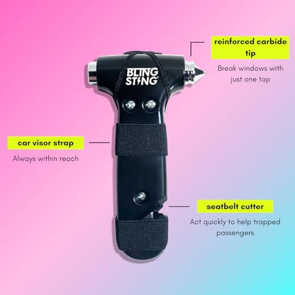 BLINGSTING Safety Hammer - Emergency Automotive Escape Tool with Window Breaker, Seat Belt Cutter & Adjustable Car Visor Strap - Tempered Glass Breaker - Steel Blade - Black (1 Count) - color: Black