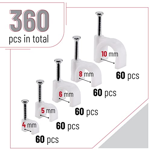 Bates Cable Clips with Steel Nails - White, 360 pcs, 4mm-10mm, Universal Cable Clips - color: White, size: 4-10mm
