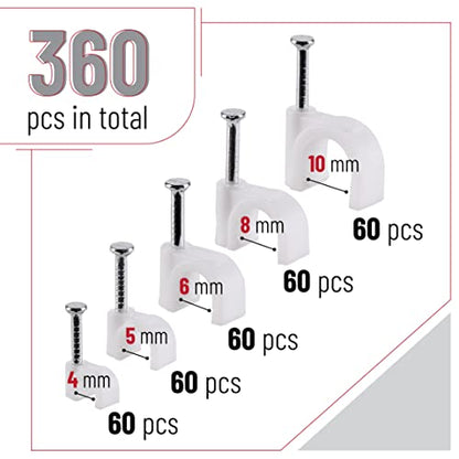 Bates Cable Clips with Steel Nails - White, 360 pcs, 4mm-10mm, Universal Cable Clips - color: White, size: 4-10mm