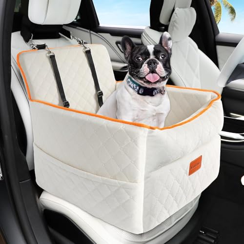 HEGGCOOE Dog Car Seat for Small Medium Dogs, Memory Foam Dog Booster Seats with Thick Cushion for Dogs Under 35lbs, Detachable Washable Pet Car Seat Travel Bed with Storage Pockets,2 Safety Belt - color: White