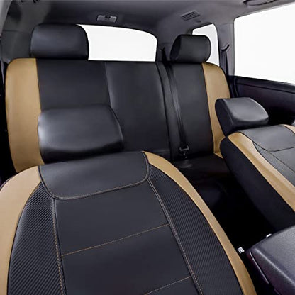 Flying Banner car seat Covers Protects Water Proof Faux Leather Carbon Fiber Front and Rear Bench (Black Beige, Full Set - 8PCS) - color: Black Beige, size: Full Set -- 8pcs