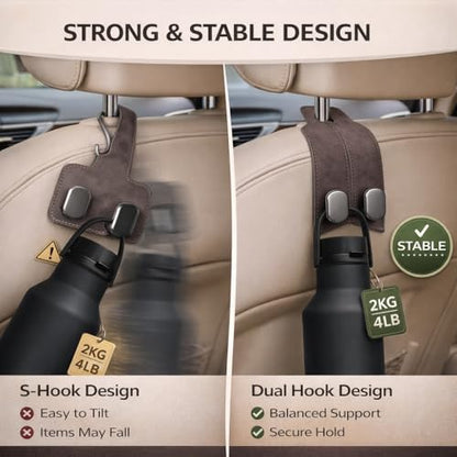 Premium Leather Car Headrest Hooks for Purses, 2 Pack Heavy Duty Car Seat Hooks, 360° Rotatable Back Seat Hanger Organizer, Metal Car Hooks for Bags, Groceries, Handbags (2, Brown) - color: Brown