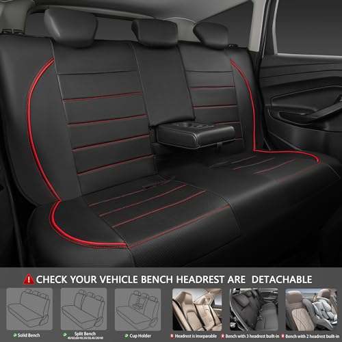 CAR PASS Leather Back Seat Cover,Piping Waterproof Bench Seat Cover, Rear Seat Cover Universal Fit for Cars Sedans SUVs Truck 95% Automotive Interior Backseat Car Covers (Rear,Black and Red) - color: Black Red Rear