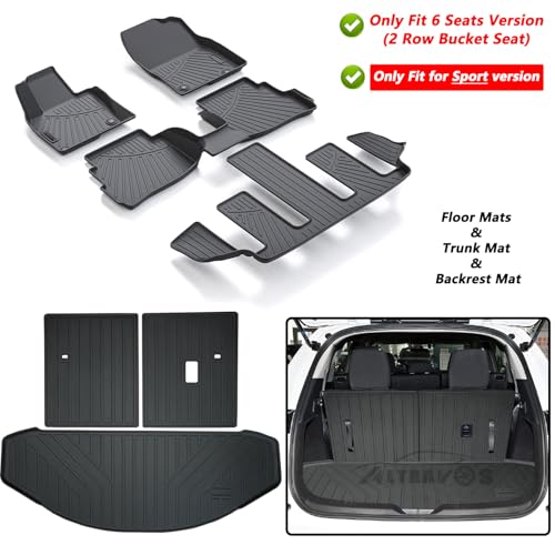 Floor Mats & Trunk Mat & Backrest Mat (Only Fit Sport Version) for 2016-2022 2023 Mazda CX-9 CX9 (6 Seats-2 Row Bucket Seat),TPE All Weather Protection Floor Liners & Cargo Liners - size: 2016-2023 CX9 mats-6 Seats-Sport