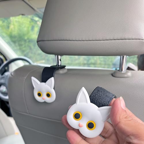 Cute Cat Hooks Cartoon Hanger Purse Hook Holder Car Storage Organizer Universal Car Seat Headrest Storage Hanger for Hanging Handbag Grocery Bags (White) - Soft Rubber and PP Plastic - color: White