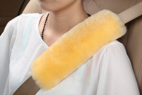 U&M 2 Pack Genuine Sheepskin Auto Seat Belt Cover for Adult Youth Kid Toddlers -Soft Warm Car, Truck, SUV, Camera Backpack Strap Shoulder Pad Wool Fluffy - color: Beige