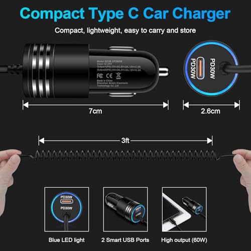 for iPhone 17e 17 Car Charger, 60W USB C Fast Car Adapter with 3FT Built-in Coiled USB C Fast Charging Cable for iPhone 17e 17 Pro Max 17 Pro Air 16e 16 Pro Max 16 Plus 15,Samsung Galaxy S26 A17 A56 - style: Coiled Cable