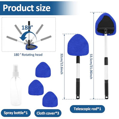Windshield Cleaning Tool, Car Window Cleaner with Extendable Long Handle and 4 Washable Reusable Microfiber Pads and Spray Bottle, Auto Interior Exterior Glass Wiper Kit Supplies (Blue) - color: Blue