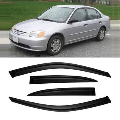 Window Visors for Honda Civic 2001-2005 4-Door Sedan, Outside-Mount Rain Guards Shields Vent Deflector Shade Dark Smoke 01 02 03 04 05, Tape-On, 4PCS - style: For 2001-2005 | Honda Cicic 4-Door | Out-Channel