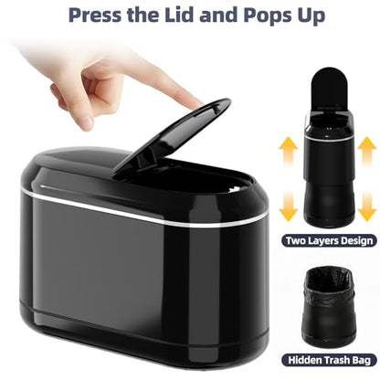 PAVSTINE Mini Trash Can for Desk with 5 Rolls of Trash Bags, Small Press-Top Countertop Garbage Bin, Removable Waste Basket for Bedroom, Vanity, Coffee Table, Kitchen (Black Half-Lid) - color: Black Half-Lid
