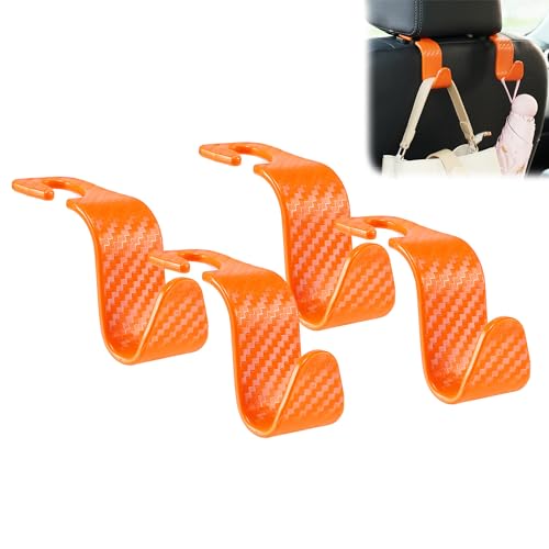 Car Seat Headrest Hooks Vehicle Storage Organizer for Purses Handbags Groceries Coats – Holds 55 lbs 360° Rotating Checkered Pattern Design 4 Pack (Orange Checkered) - color: Orange Checkered